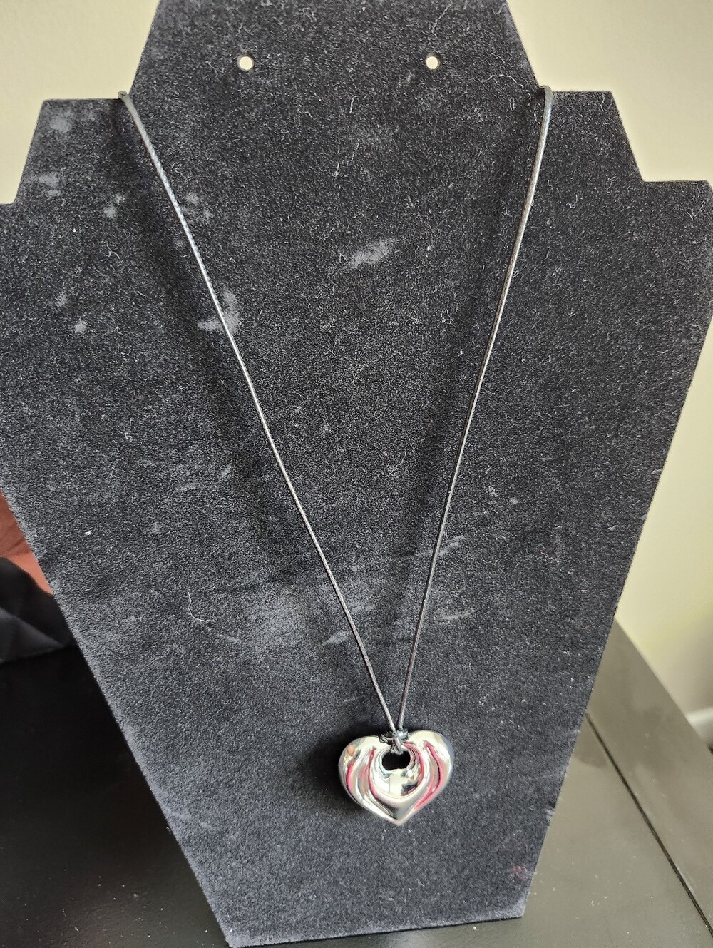 Silver Heart Pendant Necklace on Black Cord